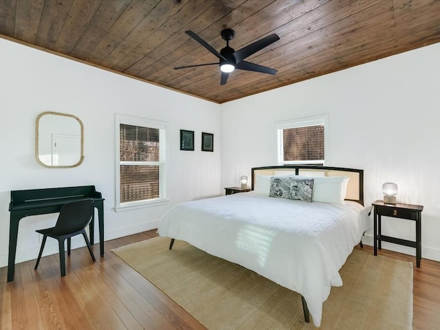 bedroom featuring ceiling fan, baseboards, wooden ceiling, and wood finished floors
