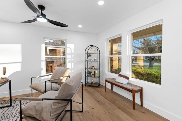 sitting room featuring light wood-type flooring and ceiling fan