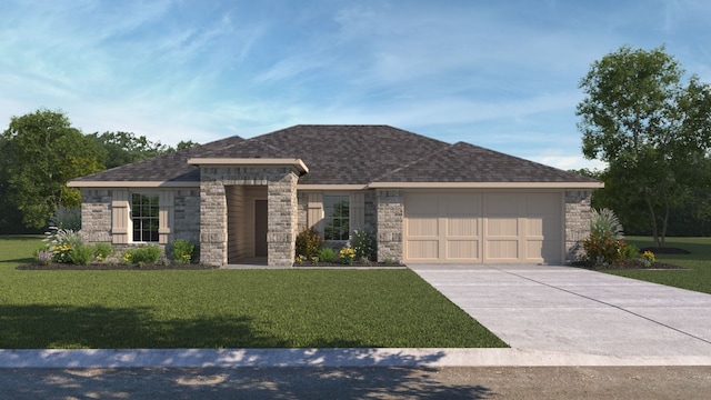 view of front of property with a garage and a front lawn