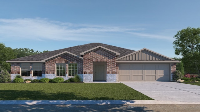 ranch-style house with a garage and a front yard