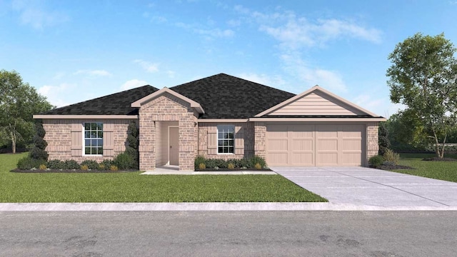 ranch-style home featuring a front yard and a garage