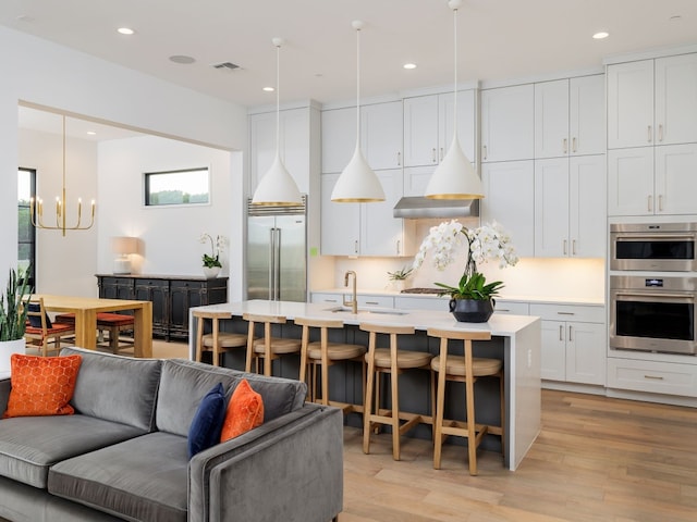 kitchen with white cabinets, plenty of natural light, appliances with stainless steel finishes, and light hardwood / wood-style flooring