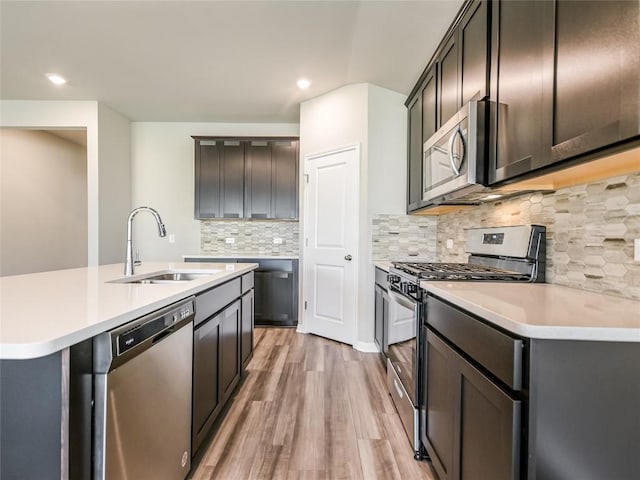 kitchen featuring a center island with sink, sink, light wood-type flooring, tasteful backsplash, and stainless steel appliances