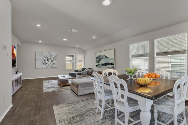 dining space with visible vents, recessed lighting, baseboards, and dark wood finished floors