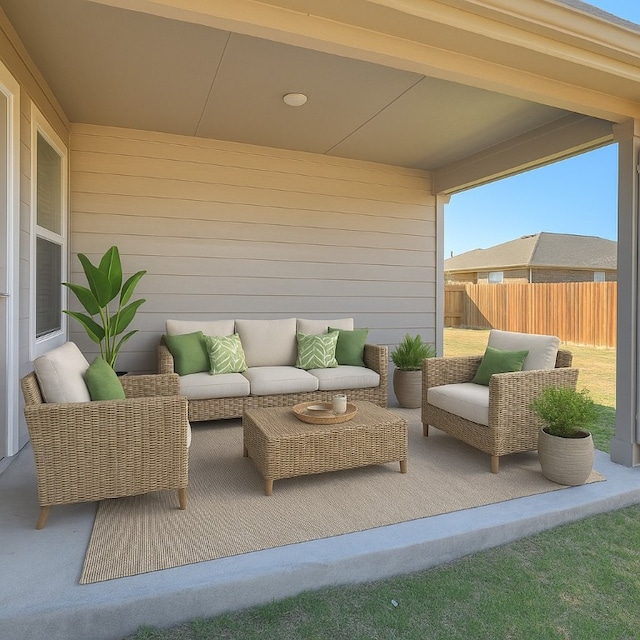 view of patio with fence and an outdoor living space