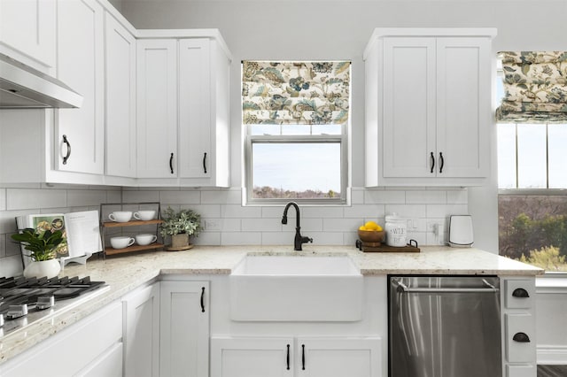 kitchen featuring white cabinets, dishwasher, exhaust hood, decorative backsplash, and sink