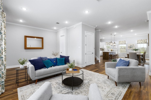 living room with dark hardwood / wood-style flooring and crown molding