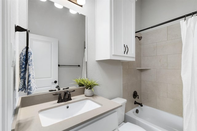 full bathroom with toilet, vanity, and shower / tub combo with curtain