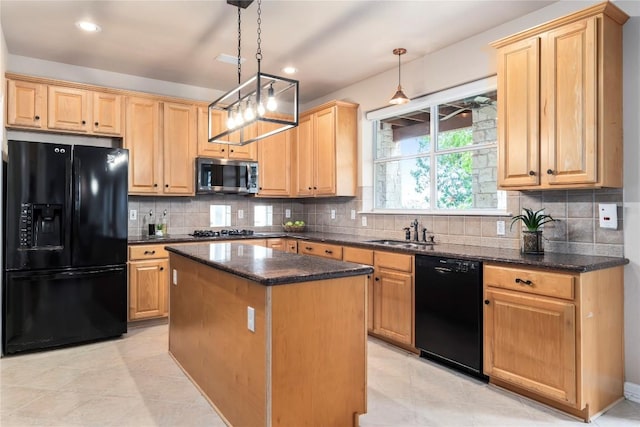 504 River Down Rd, Georgetown, TX 78628 - kitchen featuring black appliances, backsplash, a center island, and recessed lighting