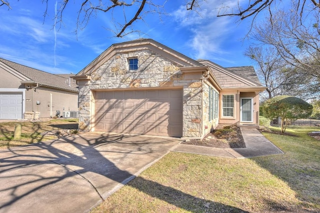 view of front facade featuring a garage, stone siding, driveway, and a front lawn