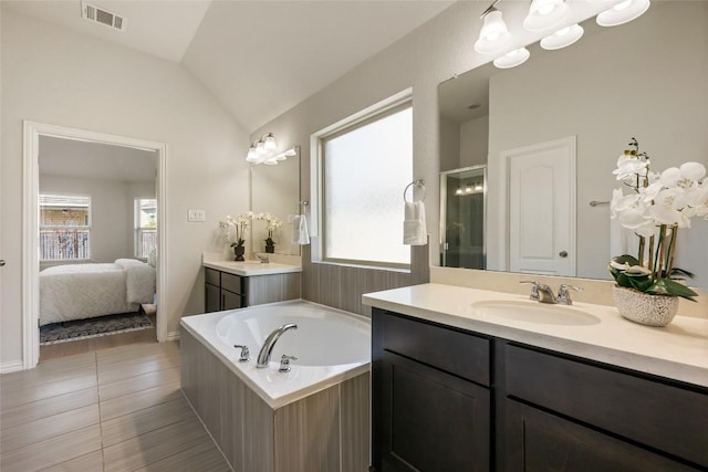 bathroom featuring tile patterned floors, vanity, a healthy amount of sunlight, and vaulted ceiling