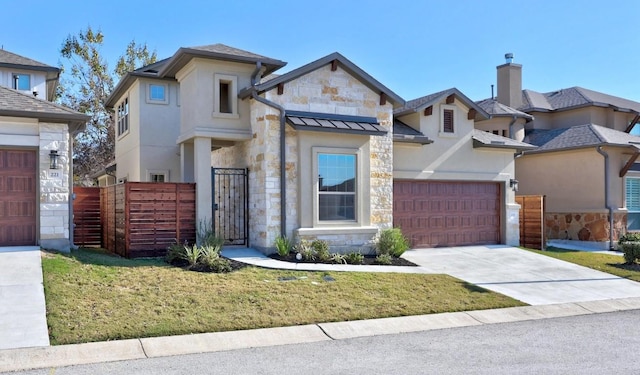 225 Skyflower Dr, Georgetown, TX 78628 - view of front of home with stone siding, concrete driveway, a gate, and a standing seam roof