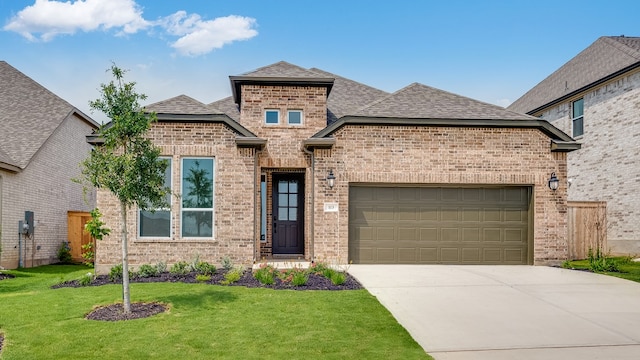 113 Golden Sage Ave, Georgetown, TX 78633 - french country inspired facade featuring brick siding, a garage, a front lawn, concrete driveway, and a shingled roof