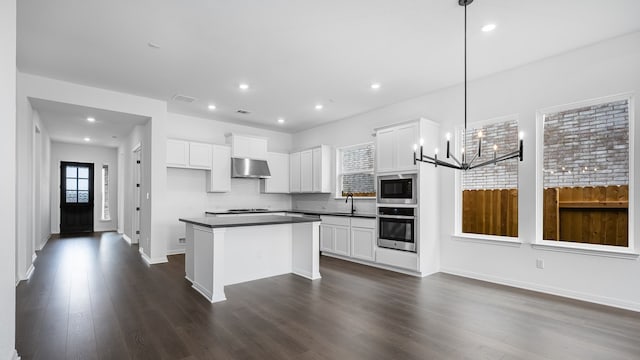 113 Golden Sage Ave, Georgetown, TX 78633 - kitchen featuring stainless steel appliances, under cabinet range hood, dark wood finished floors, dark countertops, and recessed lighting