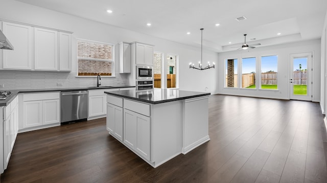 113 Golden Sage Ave, Georgetown, TX 78633 - kitchen featuring stainless steel appliances, dark countertops, backsplash, a tray ceiling, and dark wood-style flooring