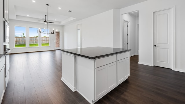 113 Golden Sage Ave, Georgetown, TX 78633 - kitchen featuring dark wood finished floors, dark countertops, a tray ceiling, recessed lighting, and white cabinetry