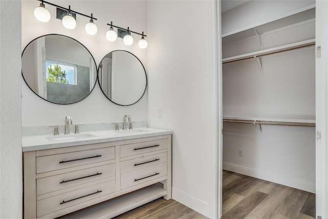 189 Mauna Kea Ln, Bastrop, TX 78602 - bathroom with double vanity, wood finished floors, a walk in closet, and baseboards