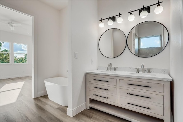 189 Mauna Kea Ln, Bastrop, TX 78602 - full bathroom with healthy amount of natural light, double vanity, a soaking tub, and wood finished floors