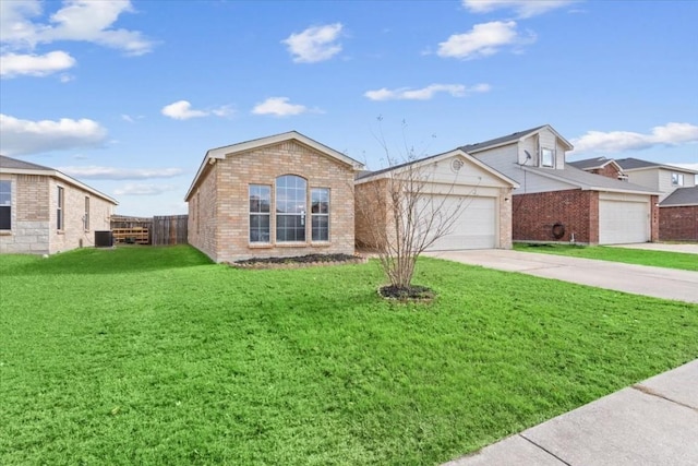 ranch-style house with a garage, a front lawn, and cooling unit