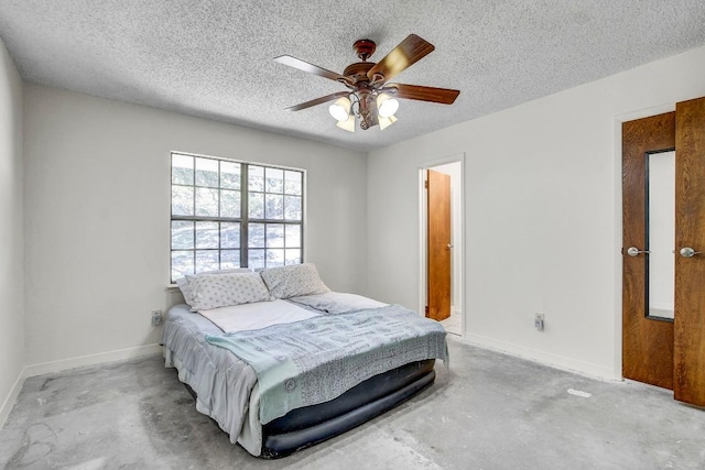 bedroom featuring ceiling fan and a textured ceiling