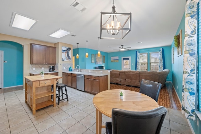 kitchen with tasteful backsplash, stainless steel dishwasher, sink, kitchen peninsula, and pendant lighting