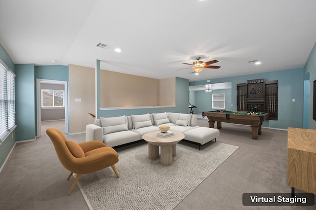 living room with ceiling fan, billiards, light carpet, and lofted ceiling