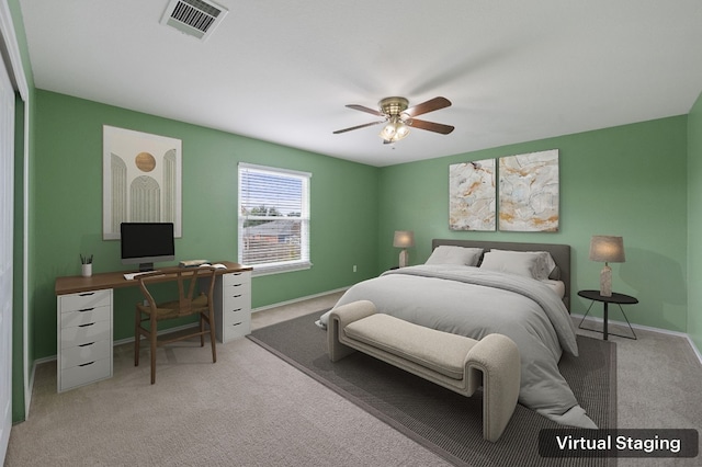 carpeted bedroom featuring ceiling fan