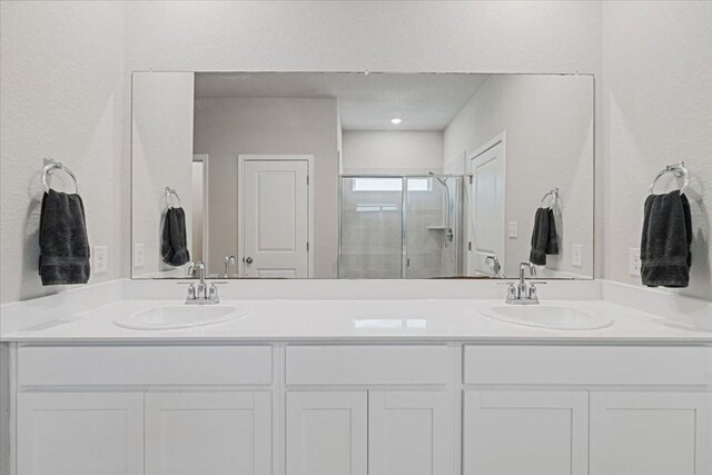 bathroom with a shower with door and vanity