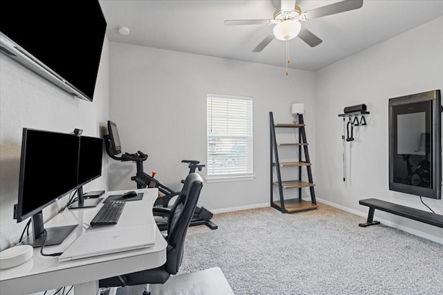 office area with carpet flooring and ceiling fan