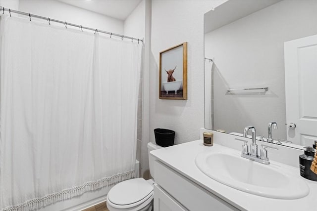 full bathroom with shower / bath combination with curtain, toilet, and vanity