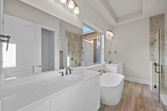 bathroom featuring vanity, hardwood / wood-style floors, and plus walk in shower