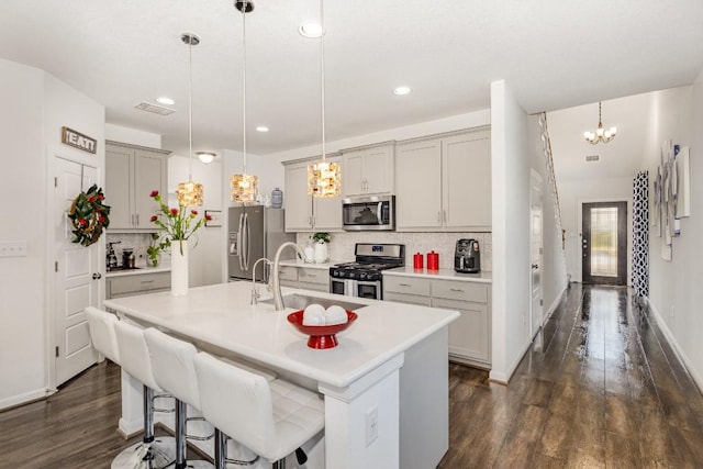 kitchen featuring decorative light fixtures, a center island with sink, light countertops, appliances with stainless steel finishes, and a sink