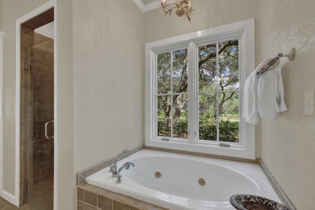 bathroom featuring a healthy amount of sunlight, ornamental molding, and plus walk in shower