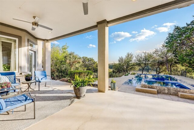 7302 Matisse Pointe Dr, Jonestown, TX 78645 - view of patio with ceiling fan and an in-ground hot tub