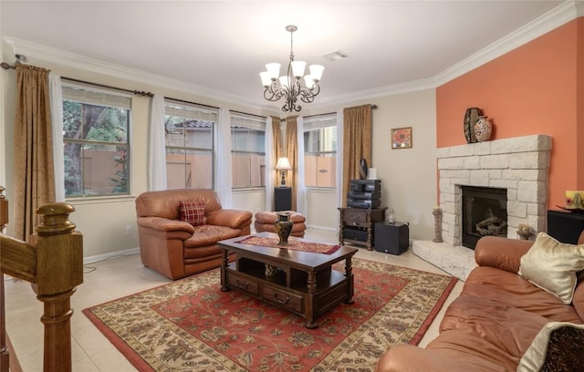 tiled living room featuring a fireplace, a chandelier, and ornamental molding