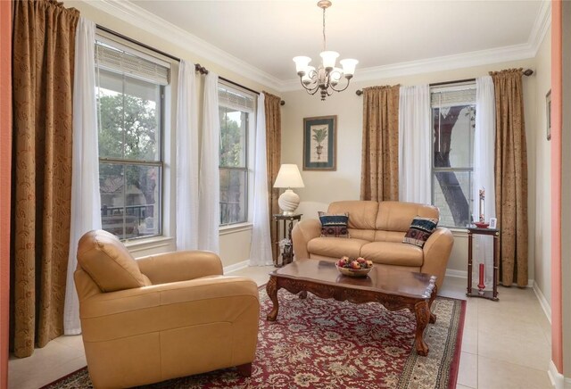 sitting room with light tile patterned floors, an inviting chandelier, and crown molding