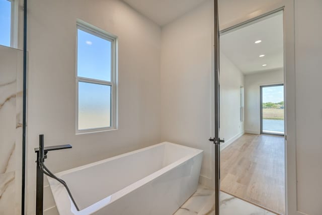 bathroom with hardwood / wood-style floors and a washtub