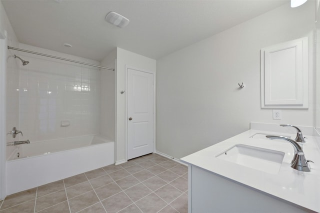 bathroom with tile patterned floors, vanity, and tiled shower / bath combo