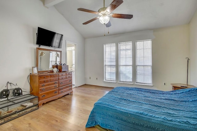 bedroom featuring beamed ceiling, ceiling fan, light hardwood / wood-style floors, and multiple windows