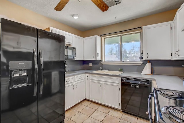 kitchen with black appliances, ceiling fan, white cabinets, and sink