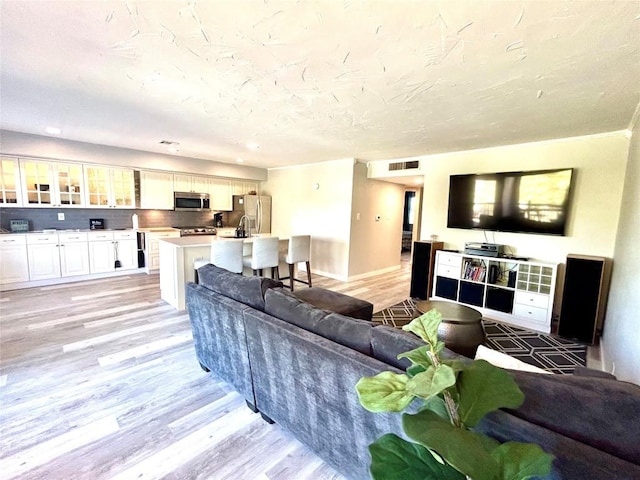 living room with light hardwood / wood-style floors and sink