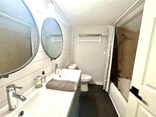 full bathroom with tile patterned flooring, wood walls, toilet, and shower / tub combo with curtain