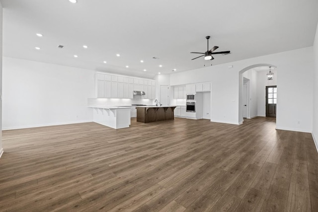 208 San Xavier St, Georgetown, TX 78633 - unfurnished living room with a ceiling fan, wood finished floors, arched walkways, a sink, and recessed lighting