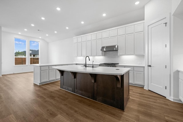 208 San Xavier St, Georgetown, TX 78633 - kitchen featuring a sink, under cabinet range hood, an island with sink, light countertops, and tasteful backsplash
