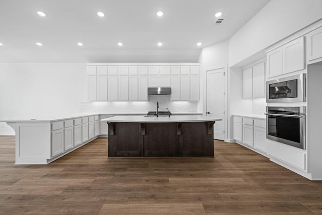 208 San Xavier St, Georgetown, TX 78633 - kitchen featuring appliances with stainless steel finishes, tasteful backsplash, dark wood-style flooring, a sink, and an island with sink