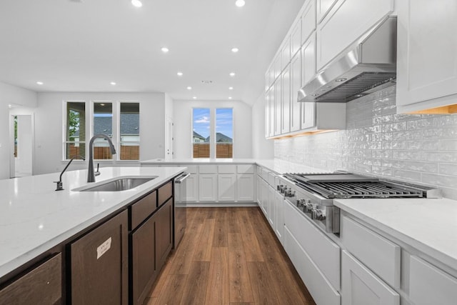 208 San Xavier St, Georgetown, TX 78633 - kitchen featuring ventilation hood, recessed lighting, stovetop with downdraft, wood finished floors, and white cabinetry