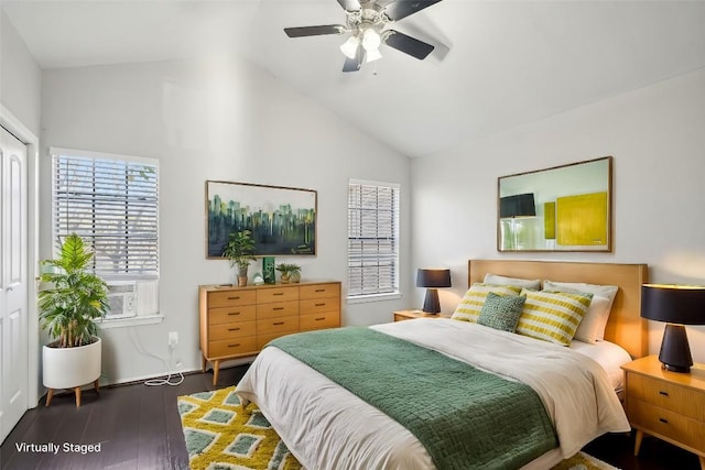 bedroom with dark hardwood / wood-style floors, high vaulted ceiling, ceiling fan, and cooling unit