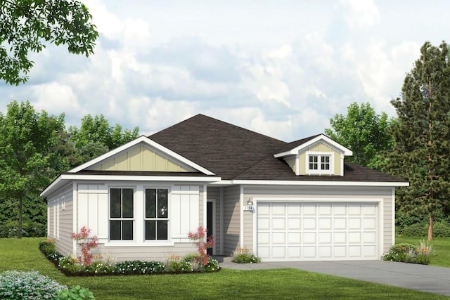 view of front of property with a garage, driveway, a front lawn, and board and batten siding