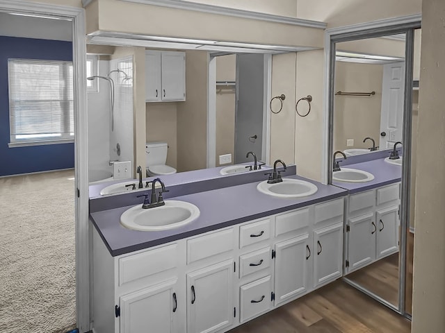 bathroom with hardwood / wood-style floors, vanity, and toilet