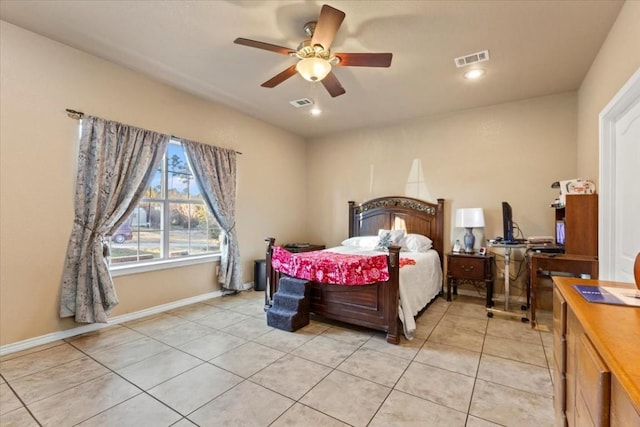 bedroom featuring ceiling fan and light tile patterned flooring